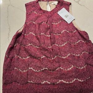 love, Fire Burgundy Mockneck Lace Sleeveless Top, Hawthorn Rose